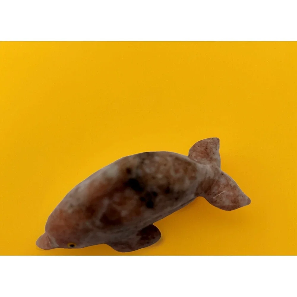 Animal Dolphin Stone Carved Natural Rock‎ Mineral Carving Pink Black Pocket Pet